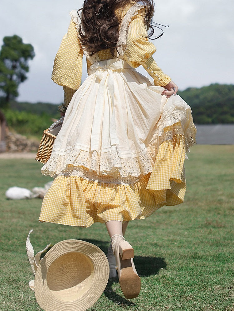 Gelbes Stück Süßes Lolita Taillenkleid Bischof Plaid Ärmel Hohe