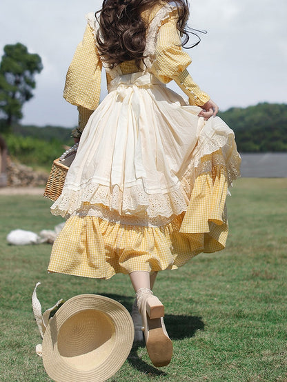 Gelbes Stück Süßes Lolita Taillenkleid Bischof Plaid Ärmel Hohe