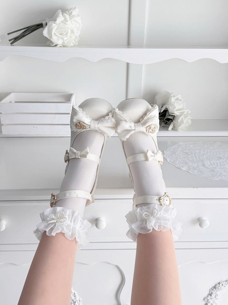 White Carousel Theme Lolita Shoes with 5.5cm Embossed Heel Round Toe Lace Heart Details - Vintage Sweetheart