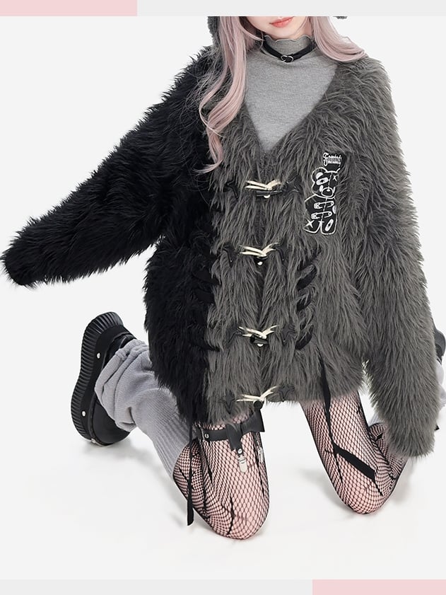 ブラック＆グレーのカラーブロックパンクベアアップリケルーズカーディガン