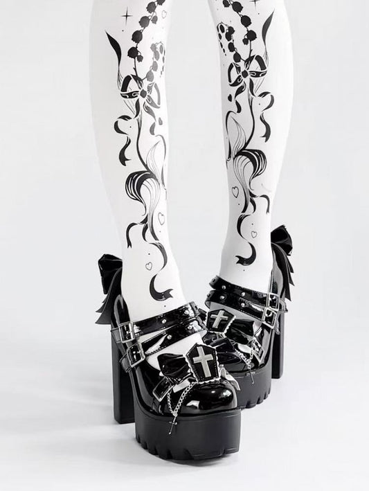 Lolita Gothic Black Heels Platform Block Accents with Studded High