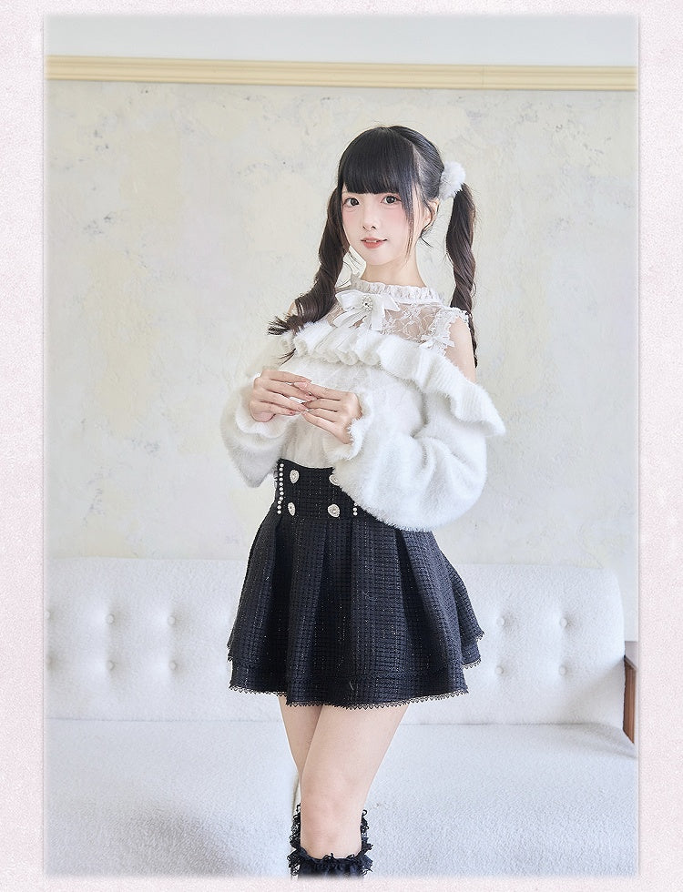 フリルトリム ホワイト ジライカイ コントラスト レースパッチ セーター カットアウト ショルダー ボウノット