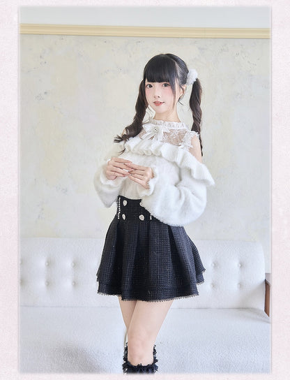 フリルトリム ホワイト ジライカイ コントラスト レースパッチ セーター カットアウト ショルダー ボウノット