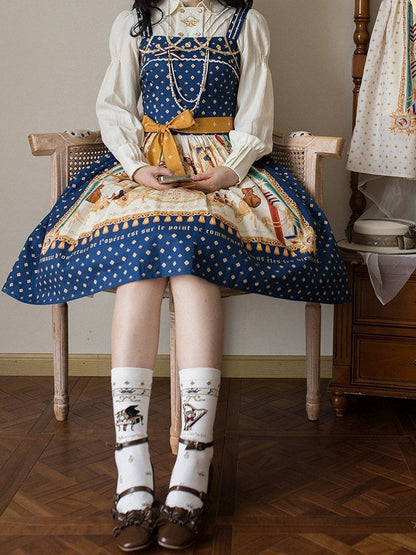 Dark Blue Musical Print Elegant Lolita Jumper Skirt - Crucis Universal Tailor Company