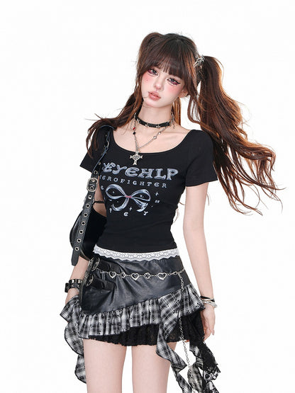Black/Gray Bow Print Lace Trim Glamorous Cropped T-Shirt