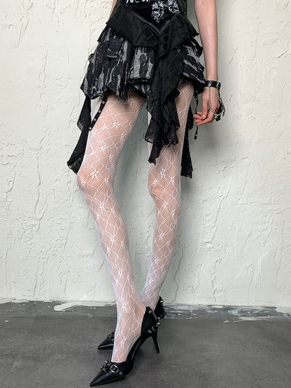 Tights Y2K Design White/Black Hollow-out