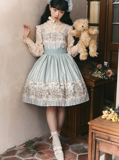 Clock Print and Short Blue Version Lolita Classic Floral Skirt Jumper