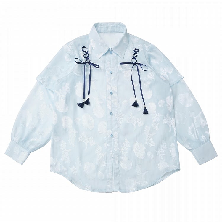 Light Blue Chiffon Shirt with Seashell and Tassel Details - PINK SAVIOR