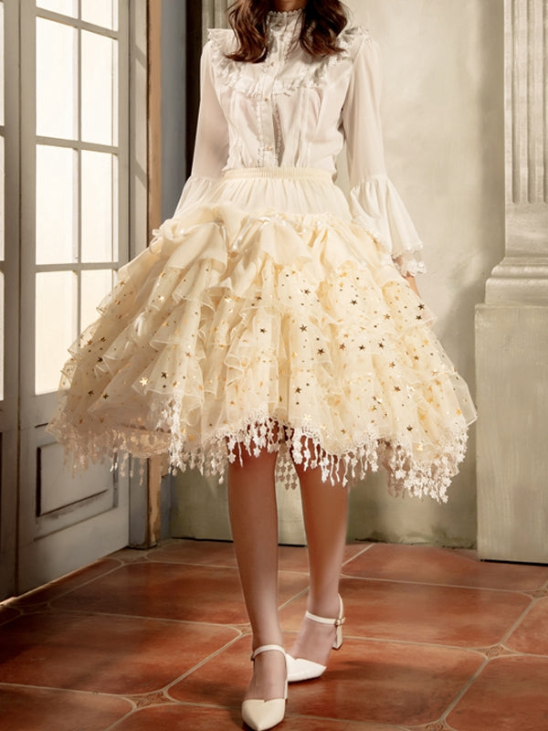 Length Fish-bone Glittering Stars Gorgeous White/Beige/Black Adjustable Petticoat