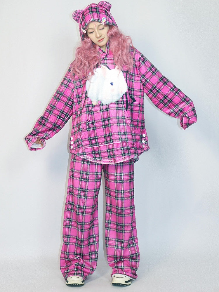 Pattern Hoodie Plaid Oversized Rose Fashion Bunny Red Print Gyaru