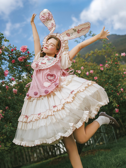 Rose Rosette Embroidered Sweet Lolita Bunny Ear Hooded Overdress with Heart Patches - Bodhi Original Design