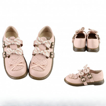 Pattern Bowknot Flats Bear Details Lolita Design Striped Pink