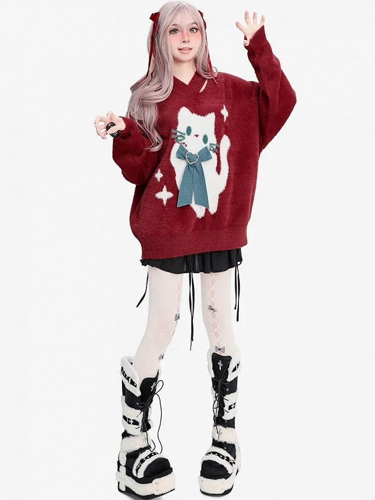 Weicher Pullover mit roter Katze und Schleife im Weihnachts-V-Ausschnitt