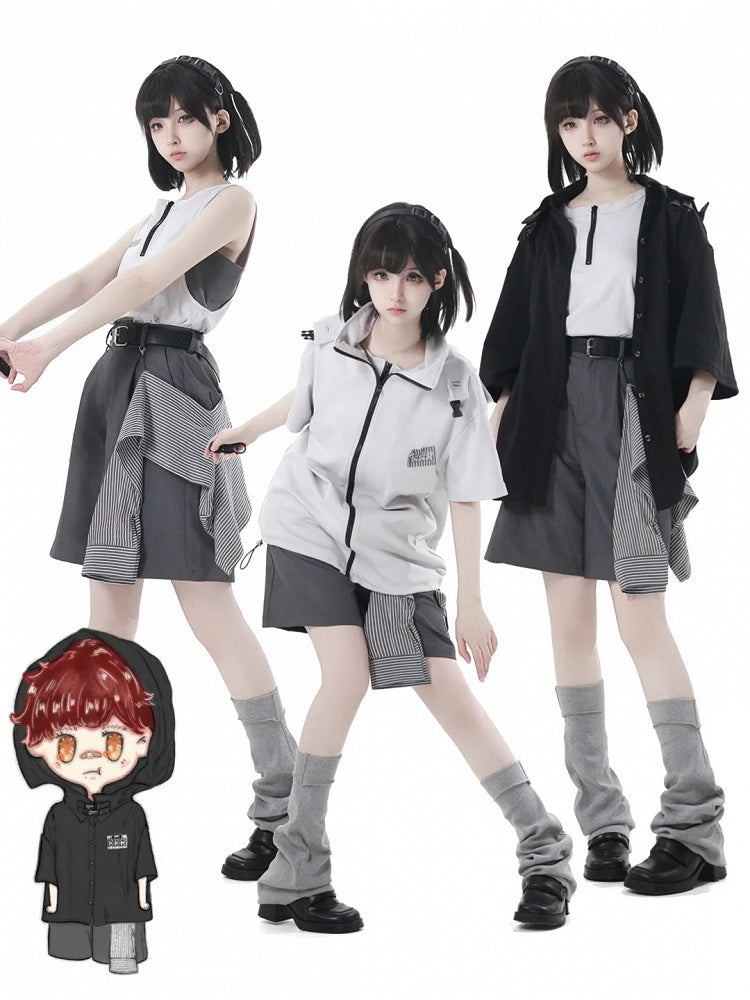 アクセサリーバックルベルトとストライプグレーのショートパンツカジュアル