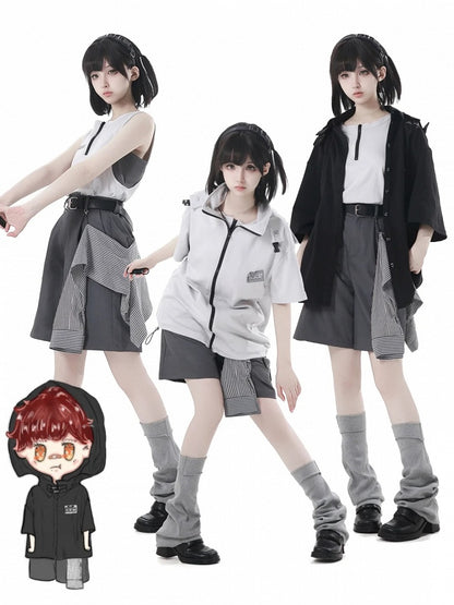 アクセサリーバックルベルトとストライプグレーのショートパンツカジュアル