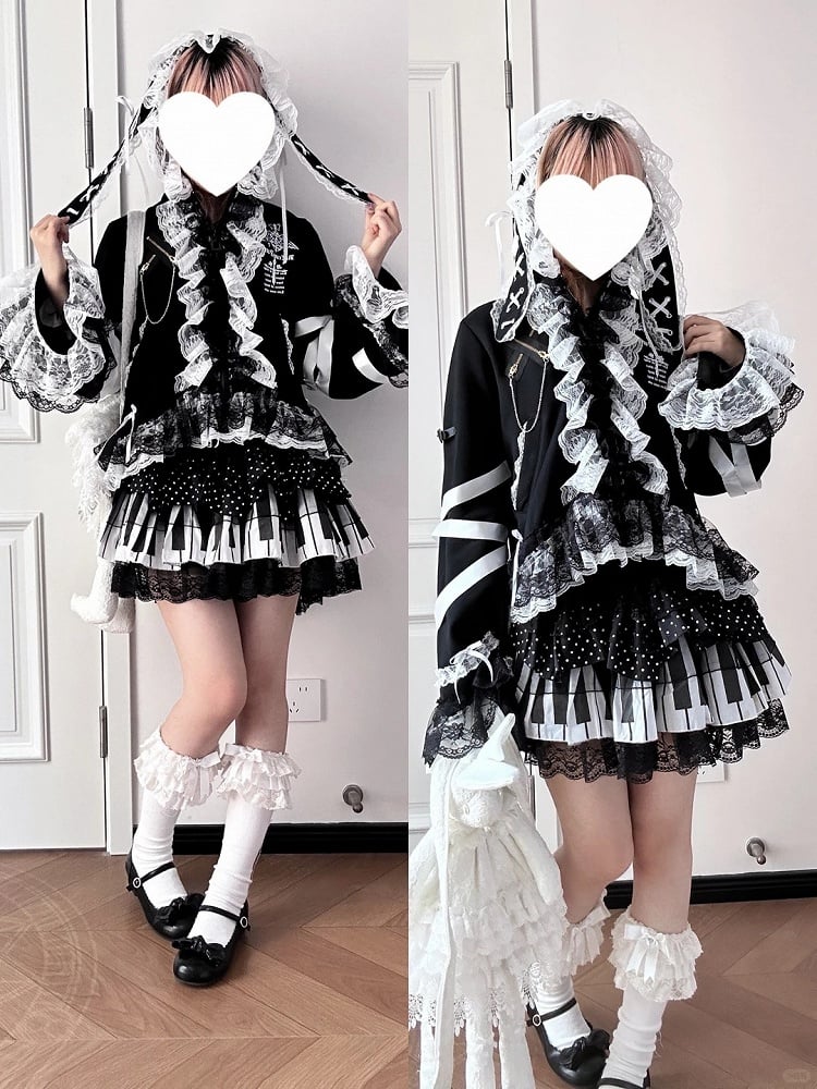 Lining Jirai Fur Lace with Opulent Rabbit Black Ear Kei Jacket White Faux