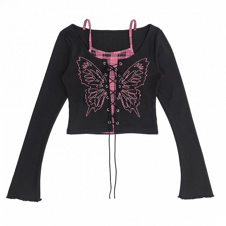 Top Faux Y2K Schnürung vorne Schmetterlingsdruck Schwarz Pink Plaid Zweiteiler und