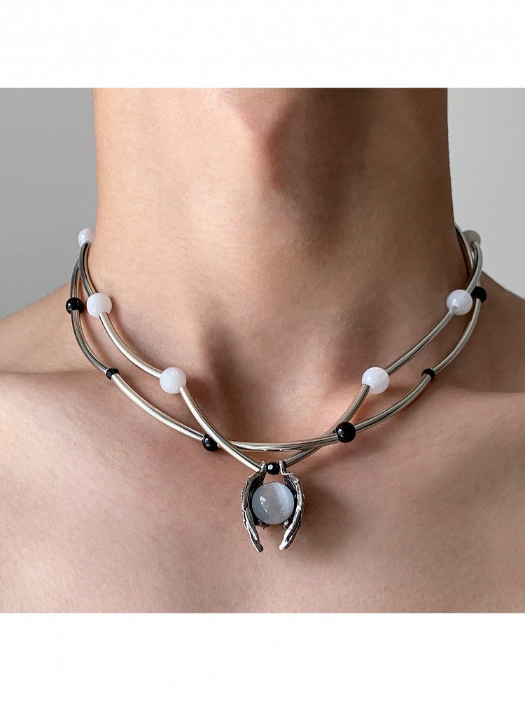 Silver Layered Necklace with Bead Decoration - YSHXS
