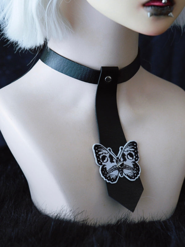 Applique Decorated Choker PU Tie Gothic Butterfly Studs Black