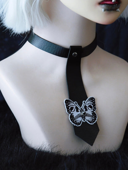 Applique Decorated Choker PU Tie Gothic Butterfly Studs Black