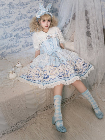 Blau Alice Bunny Lolita Kleid Print Uhr Süße und