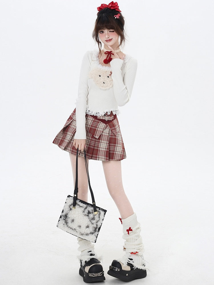 White/Grey/Black Plush Puppy Applique Lace Trim Knit Top