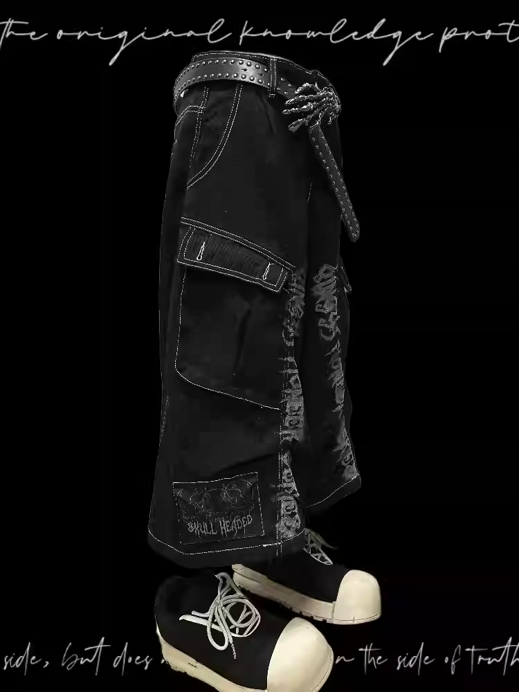 Jeans Schwarz Punk Print Vintage Weites Bein Cargo