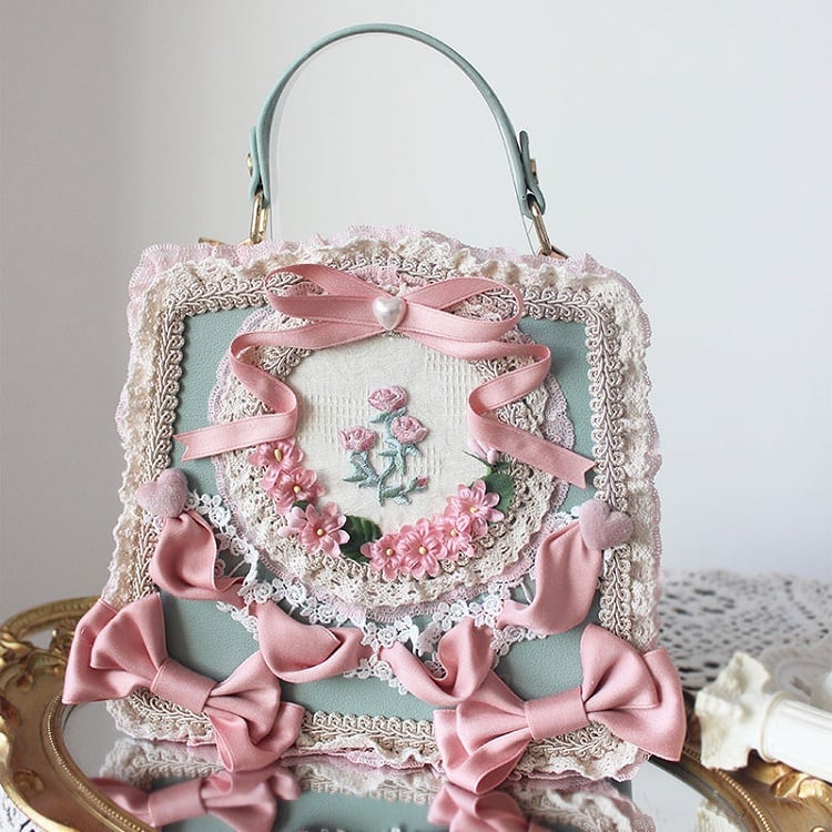 Lace Lolita Adorned Handbag and with Bows – Options Flower 9 Ribbon Color Elegant Classic