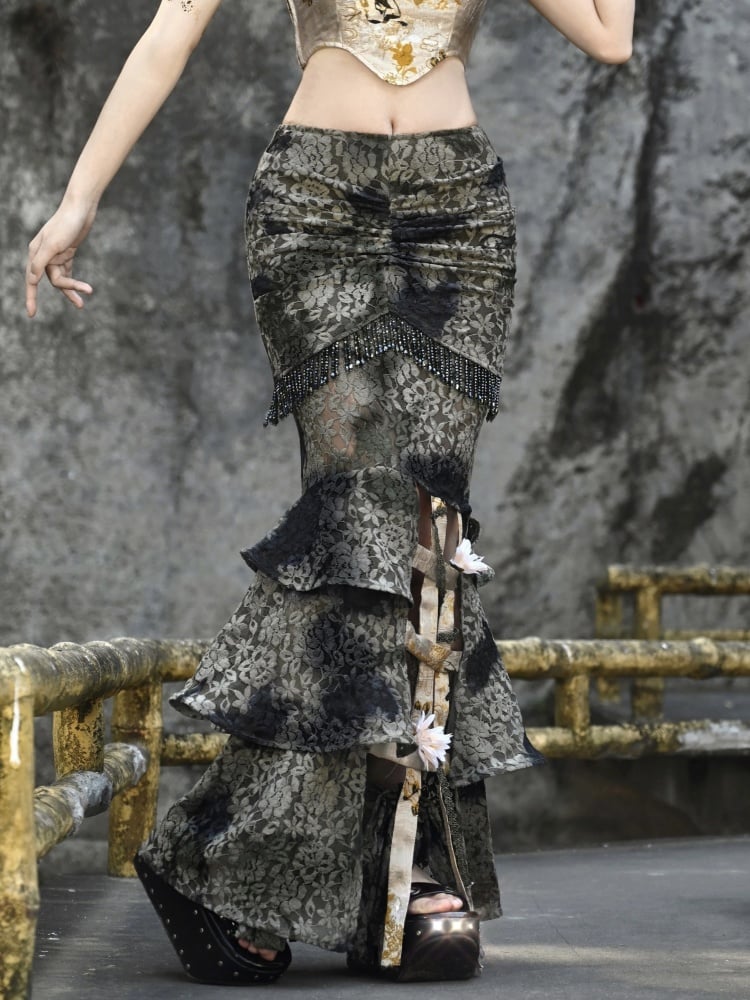 グリーンタイフラワーバードケージヘムラインマーメイドスカート