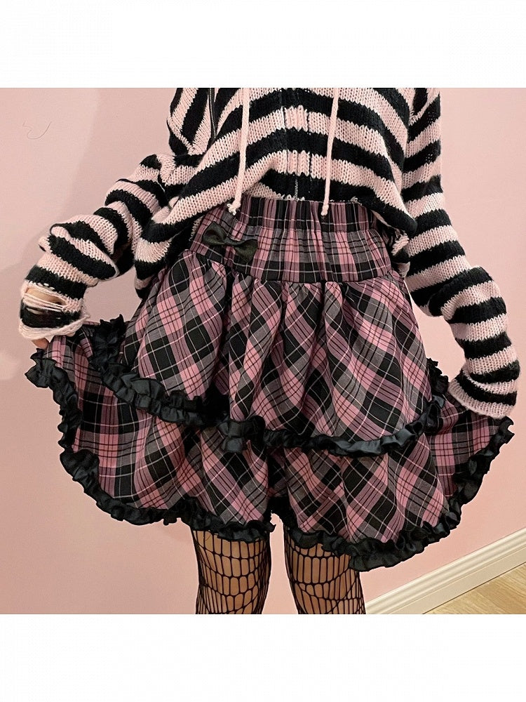 Black and Pink Y2K A-Line Skirt with Lace Bow and Checkered - Alita26SS