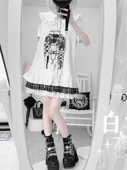 Anime Girl Print Peter Pan Collar Lace-up Details Dress Bittersweet White