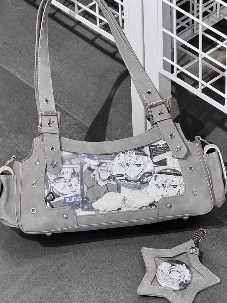 Graue Y2K Ita Star Schultertasche aus PU mit Charm