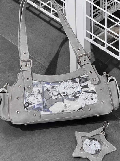 Graue Y2K Ita Star Schultertasche aus PU mit Charm