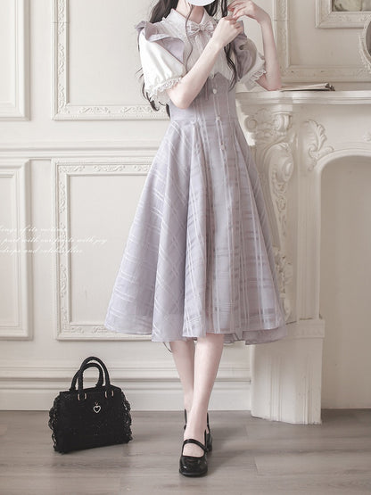 Purple Taro Long Plaid Overall with Version Flutter Sleeves Dress