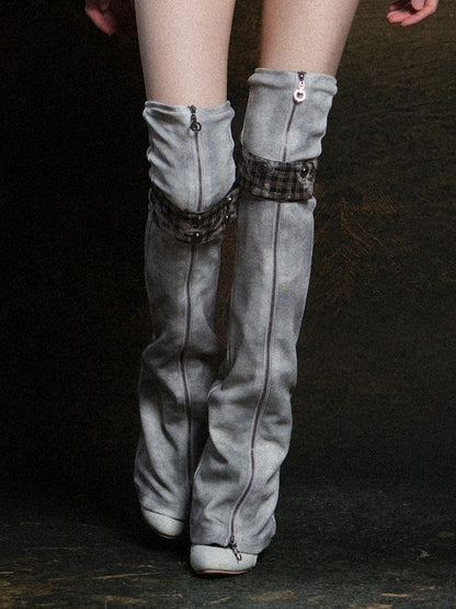 Leg Gray Black Vertical with Button Warmers Punk Plaid Zipper Strap