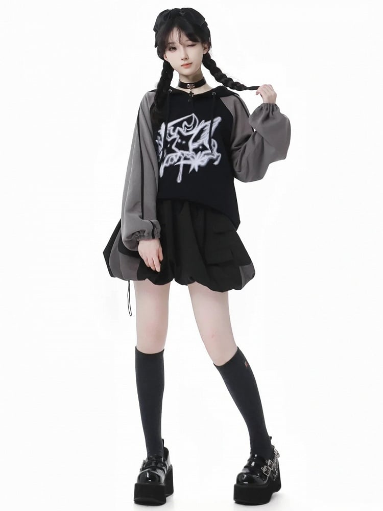 Hem Bubble Skirt Version Short/Long Waist Drawstring and Black and Gray Colorblock