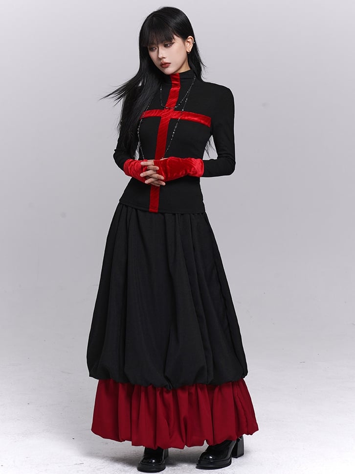 Neck Long Gothic Design Mock Cross with Sleeves Top Cuffs Black Thumbhole Red