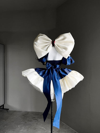 Waist Large Ribbon with Basque Blue Red Snow Accents Princess Bow and Balletcore White Vibes Dress