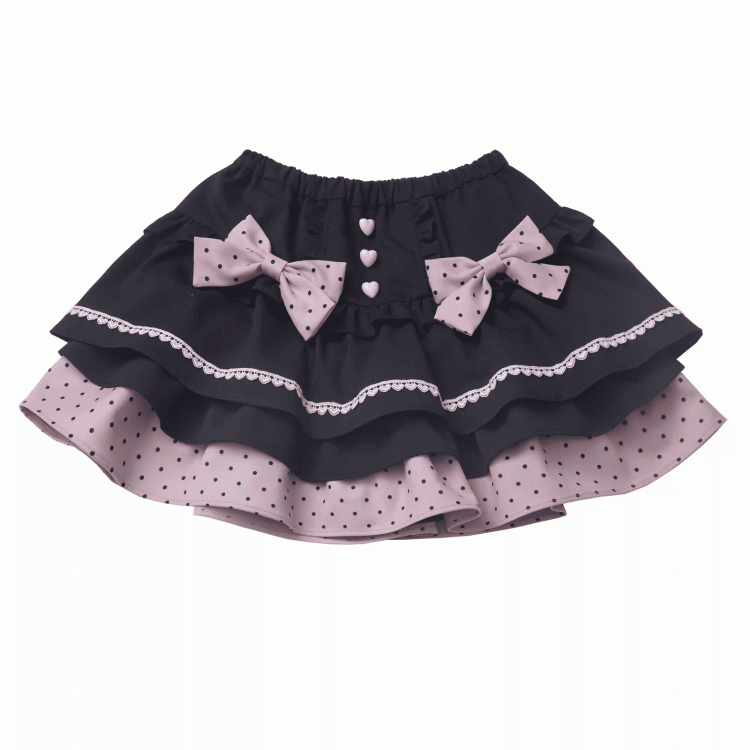 Tiered Skirt with Detachable Bows Black and Pink Polka-dot Pattern