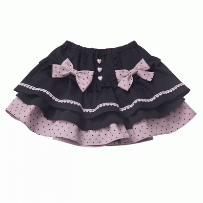 Tiered Skirt with Detachable Bows Black and Pink Polka-dot Pattern