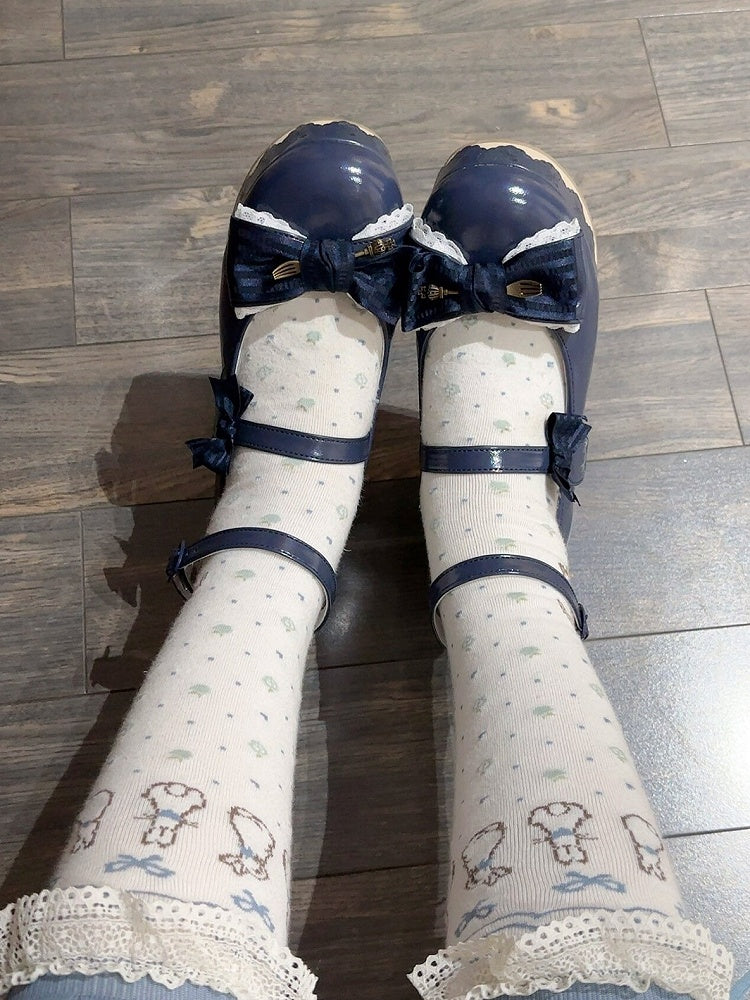 Blue Trim Striped Platforms Lace Top PU Lolita Scalloped Bow Hem with - Navy