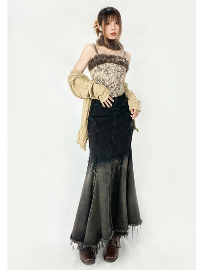 Millard Fashion – Denim-Meerjungfrauenrock mit Farbverlauf und Distressed-Besatz in Schwarz