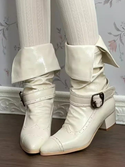 with Toe Details Design Top Buckle Boots PU Mid-heel Lolita in Elegant Beige Stacked Boot Pointed Foldable