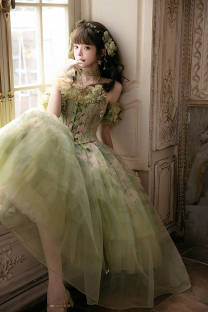 Green Oil Painting Lace-Up Corset Top - Nine Odes