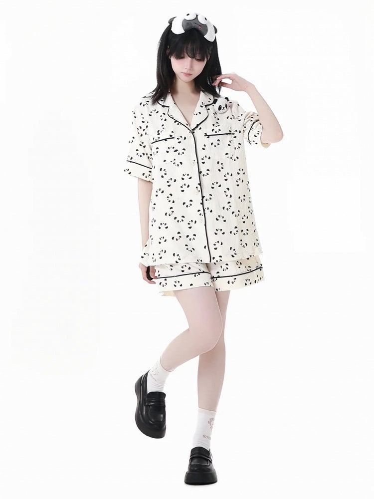 Kragen + Allover Panda Print Shirt Shorts Beige Elastische Taille Rand Pyjamas Set Scalloped