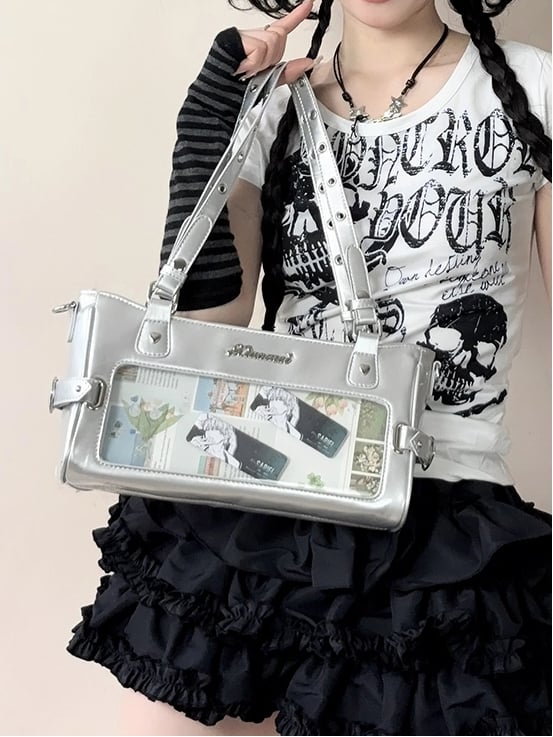 Silberne vielseitige Ita-PU-Tasche aus Leder mit transparentem Fenster