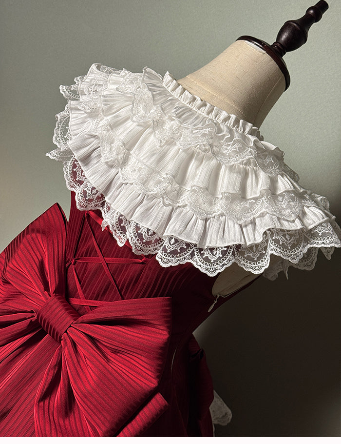 Slim Waist Dress Neck Sleeveless Lolita Ruffle Layered Sweet Fit Striped Fabric Red