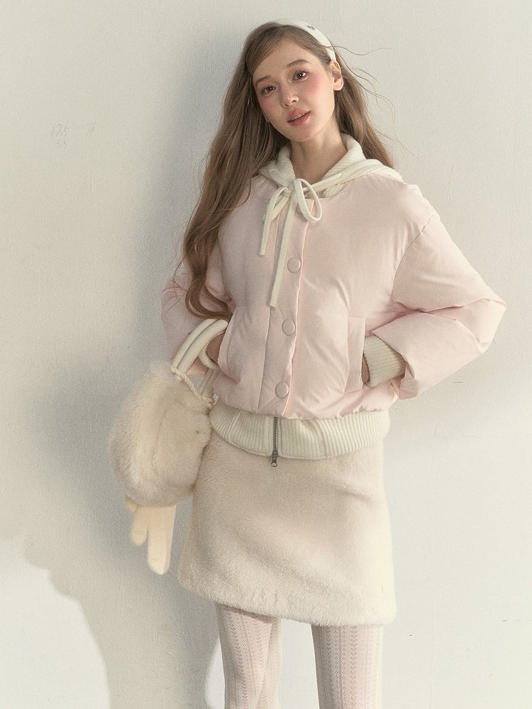 Jacket with Pink Hooded Down Bow Fake Two-Piece Details