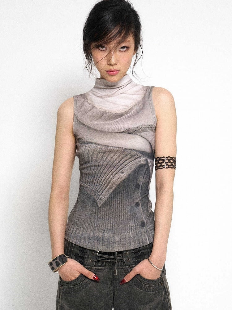 Vest Neck Knit Grey Mock