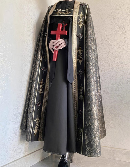 Cloak Gold Details and Cross Nun Lolita Decorated Embroidery Black